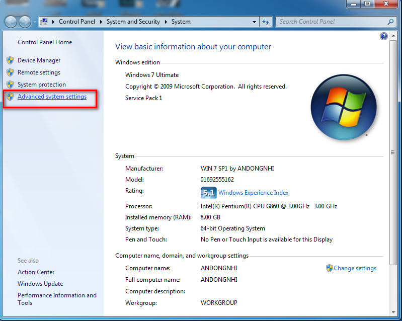Chọn advanced settings